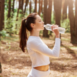 Close em mulher bebendo água com roupas esportivas em parque